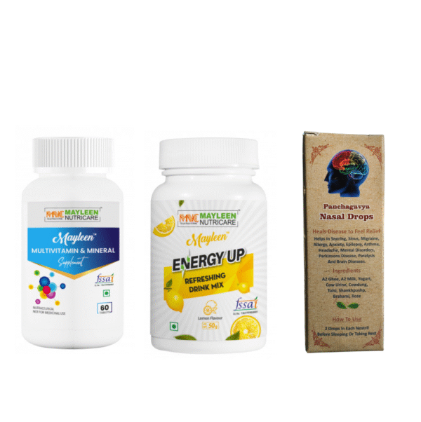 Mayleen Health Combo for migraine – Multivitamin, Energy Drink & Panchagavya Nasal Drops